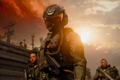 A close up of three soldiers on a dock wearing armor and holding weapons.