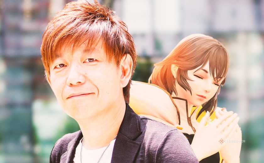 Naoki Yoshida with Sphene from Final Fantasy 14 in the background.