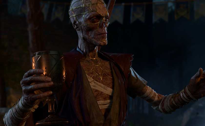 Withers speaks to guests at Patch 5 epilogue party with cup in hand in Baldur's Gate 3